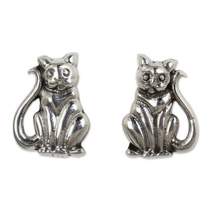 Contented Kittens Silver Button Earrings