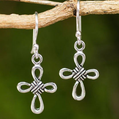 Knotted Cross Hand Crafted Thai Sterling Silver Cross Dangle Earrings