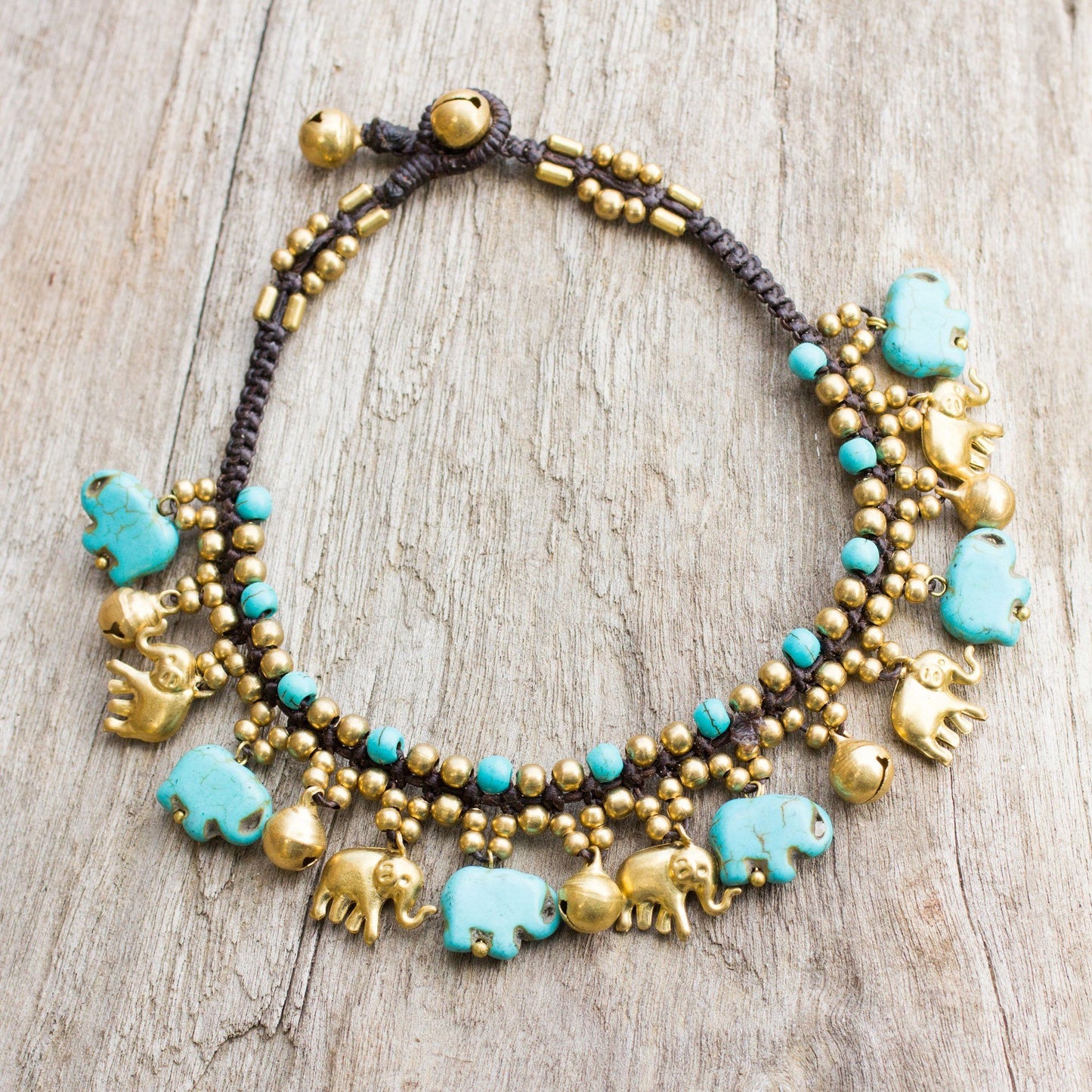 Blue & Gold Beaded Elephant Anklet