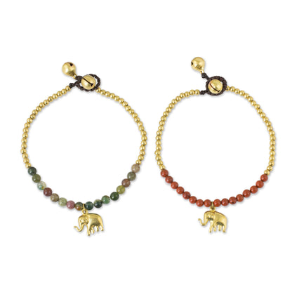 Stylish Elephants Jasper and Elephant Charm on Pair of Brass Beaded Bracelets