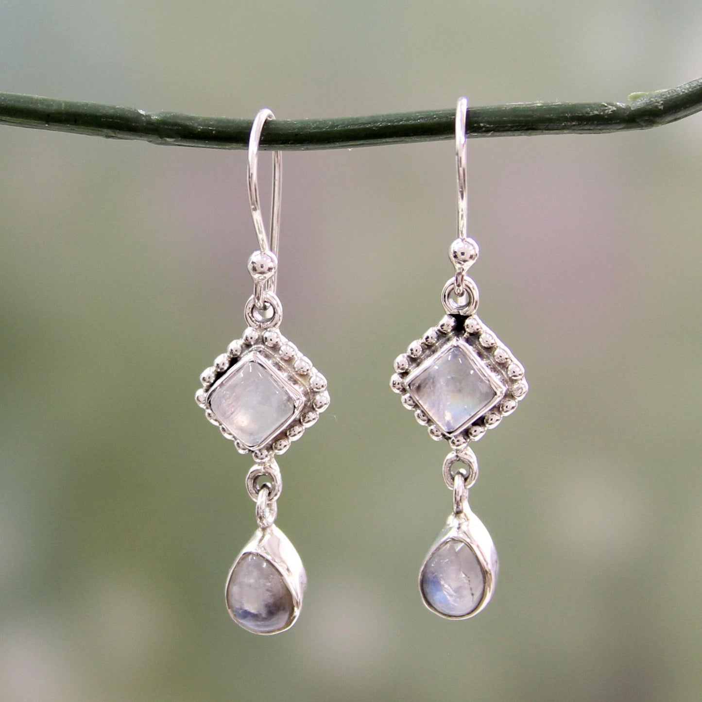 Queen of Diamonds Silver and Rainbow Moonstone Earrings Handmade in India