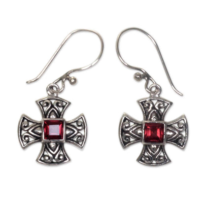 Maltese Cross Garnet & Sterling Silver Earrings