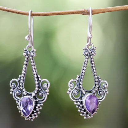 Balinese Glitz Pisces Amethyst Birthstone on Sterling Silver Hook Earrings