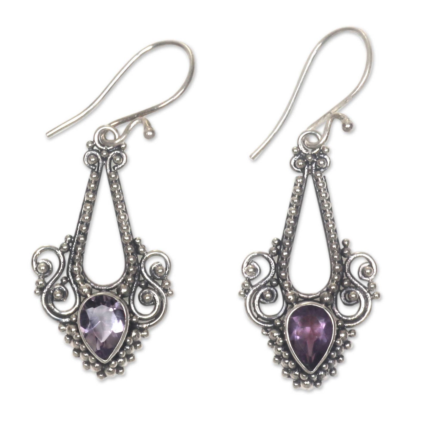 Balinese Glitz Pisces Amethyst Birthstone on Sterling Silver Hook Earrings