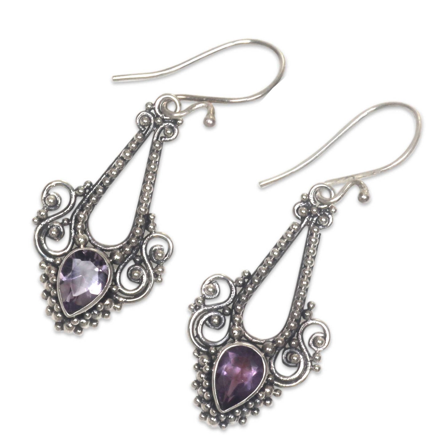 Balinese Glitz Pisces Amethyst Birthstone on Sterling Silver Hook Earrings