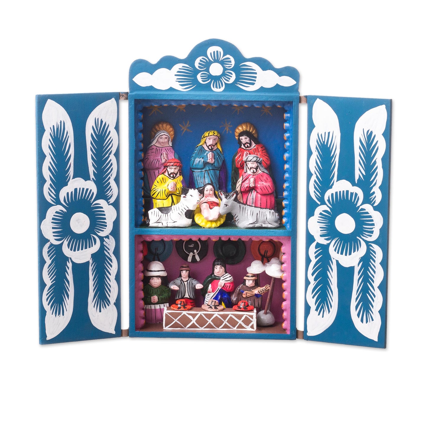 Blue Andean Christmas Handcrafted Christian Theme Christmas Retablo Diorama