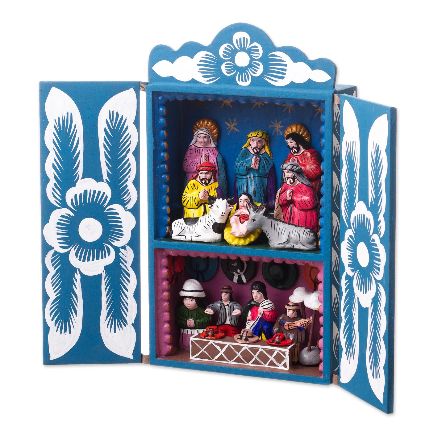 Blue Andean Christmas Handcrafted Christian Theme Christmas Retablo Diorama