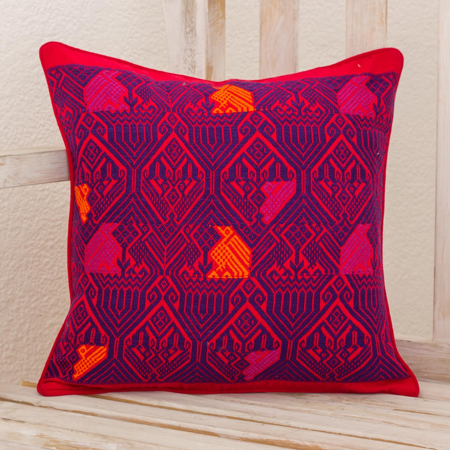 Birds in Color Handwoven Maya Backstrap Loom Red and Purple Cushion Cover