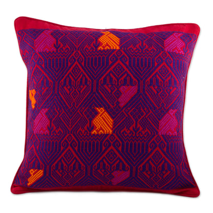 Birds in Color Handwoven Maya Backstrap Loom Red and Purple Cushion Cover