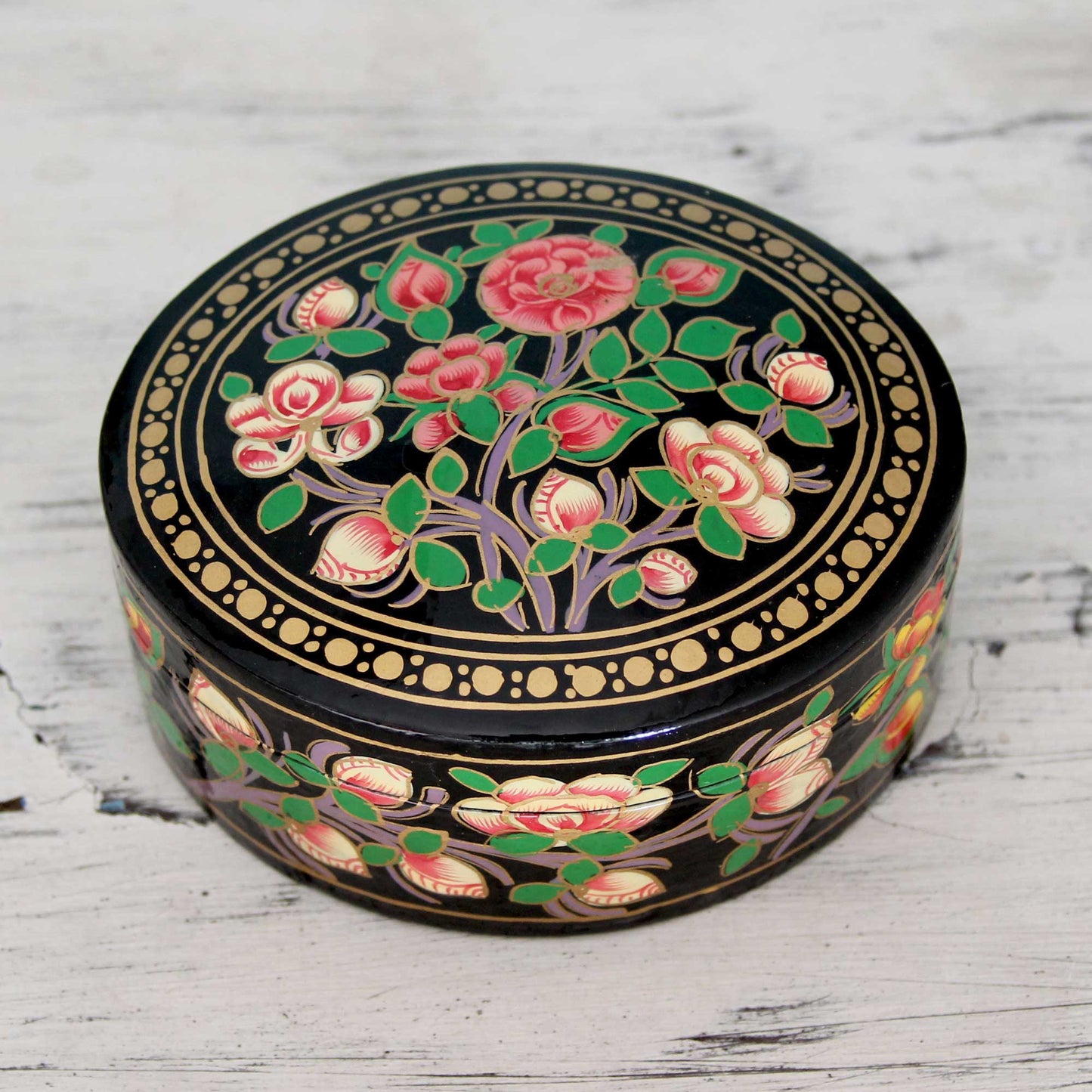 Rose Grandeur Flowers on Papier Mache Decorative Box from India