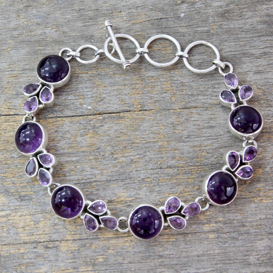 Glorious Purple Artisan Crafted Silver Link Bracelet with Amethysts