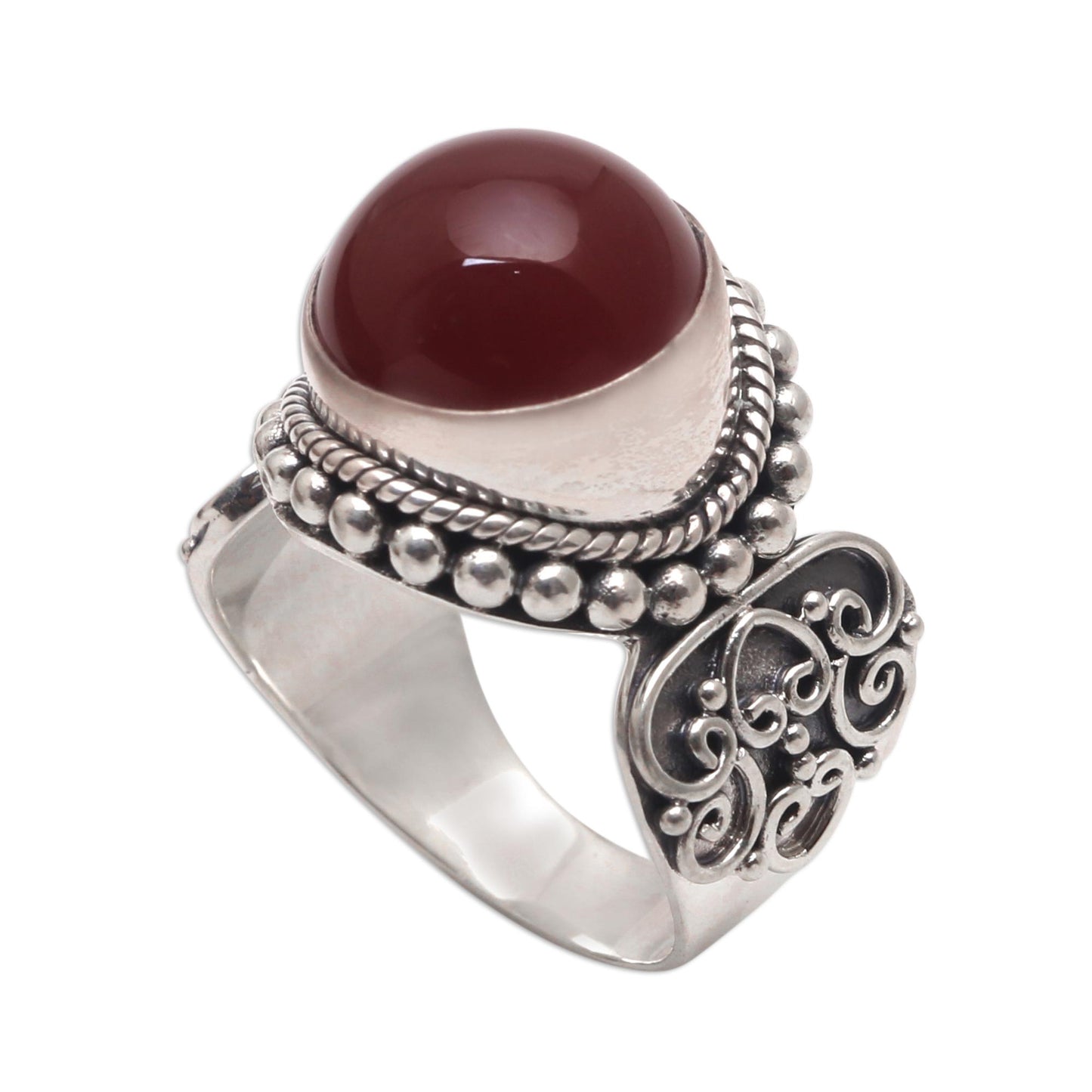 Incandescent Moon Artisan Crafted Carnelian and Sterling Silver Ring from Bali