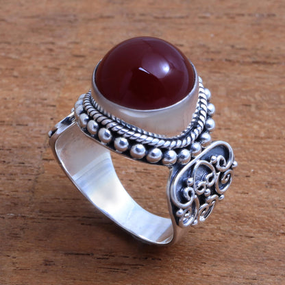 Incandescent Moon Artisan Crafted Carnelian and Sterling Silver Ring from Bali