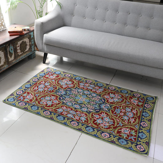 Kashmir Festival Handcrafted Floral Geometric 3 by 5 Ft Chain Stitch Rug