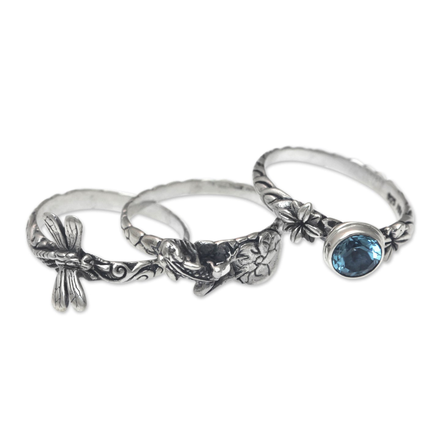 Garden of Eden Dragonfly and Frog on Silver Blue Topaz Stacking Rings (3)