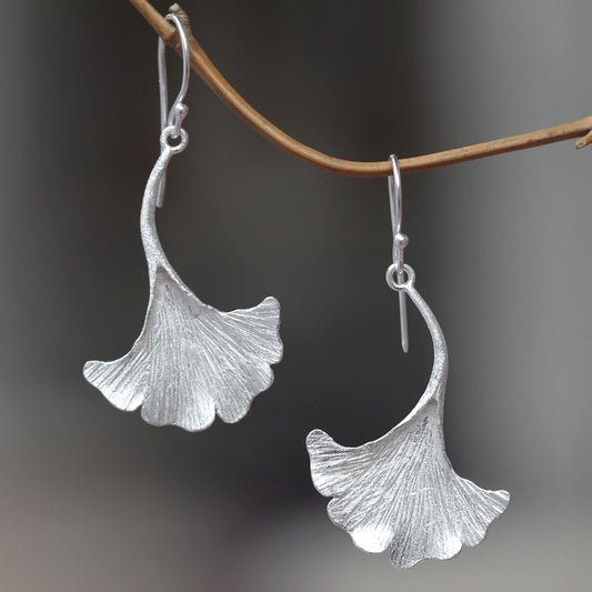 Oyster Mushroom Silver Dangle Earrings