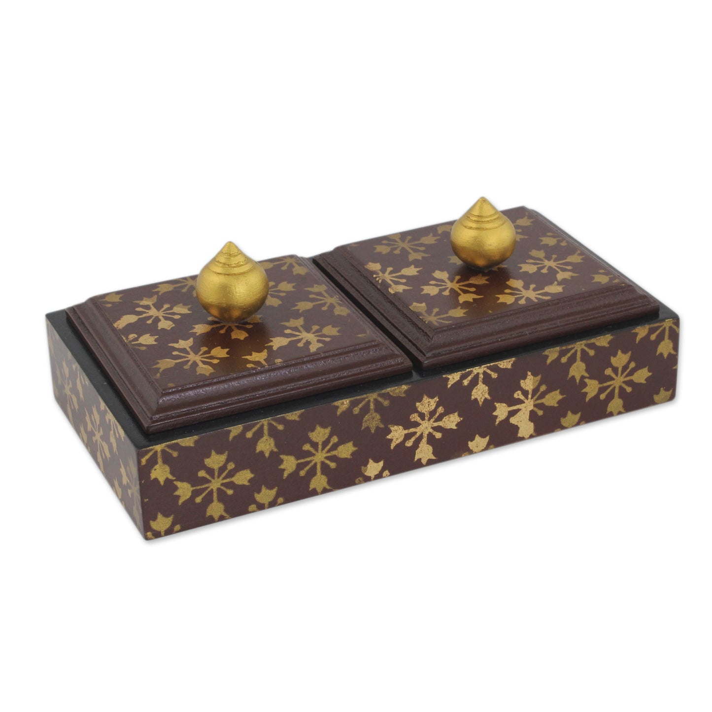 Stupa Treasures in Brown Artisan Crafted Jewelry Box with Two Lined Compartments