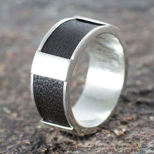 Leather Minimalist Artisan Crafted Leather Accent Sterling Silver Band Ring