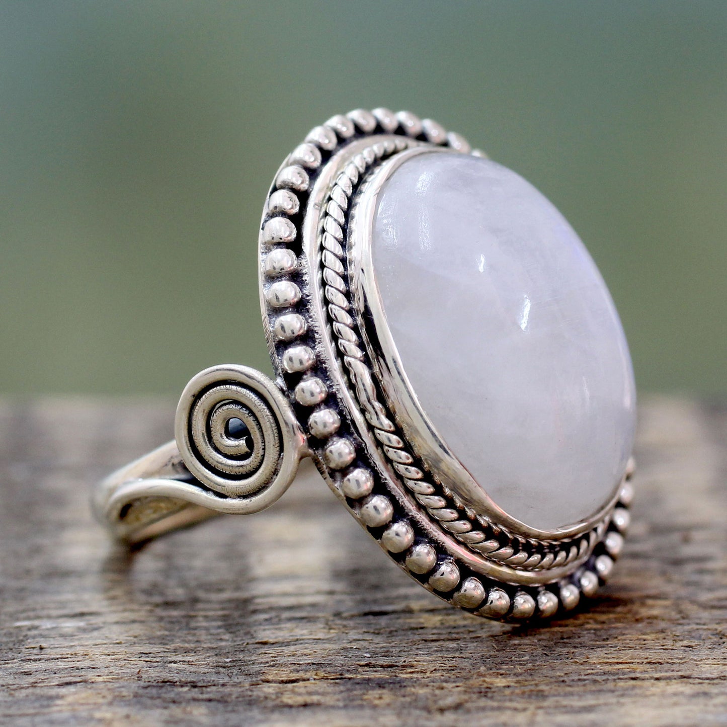 Rainbow Glow India Sterling Silver Cocktail Ring with Rainbow Moonstone