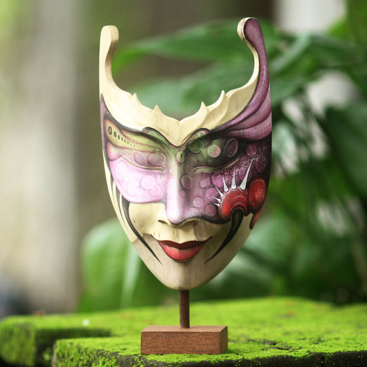 Mysterious Woman Hand Painted Modern Balinese Mask and Stand