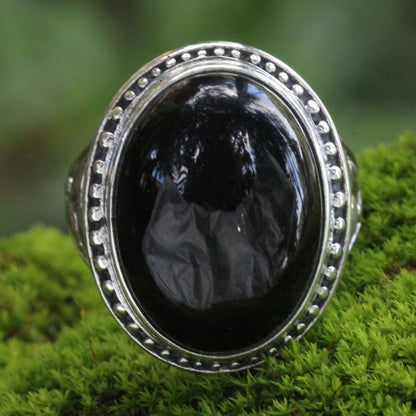 Black Bamboo Onyx Silver Floral Ring