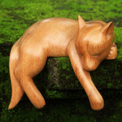 Sleepy Kintamani Dog Artisan Carved Balinese Wood Sculpture of a Dog