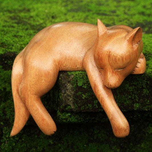 Sleepy Kintamani Dog Artisan Carved Balinese Wood Sculpture of a Dog