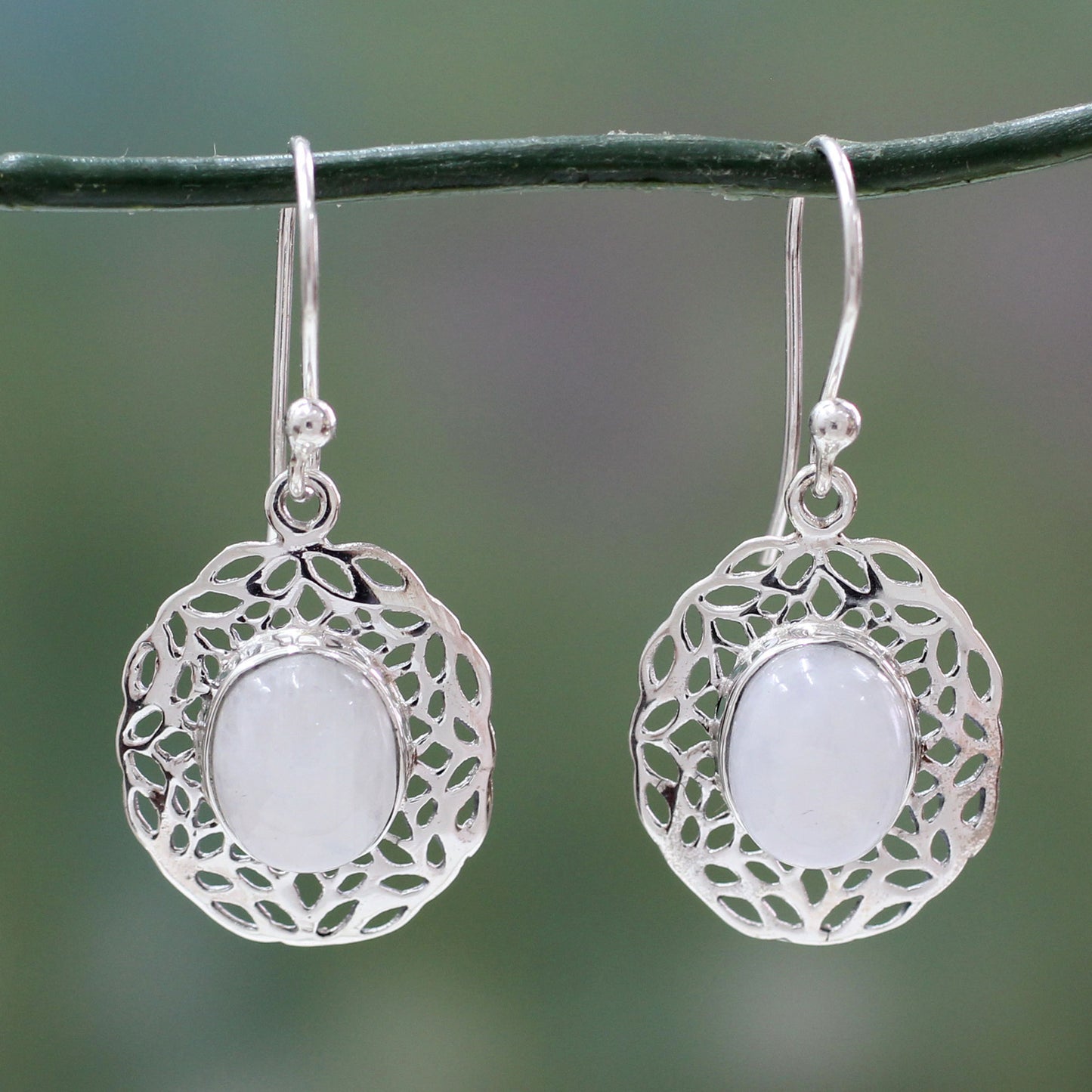 Delhi Dewdrop Handcrafted Rainbow Moonstone Earrings with Silver Halos