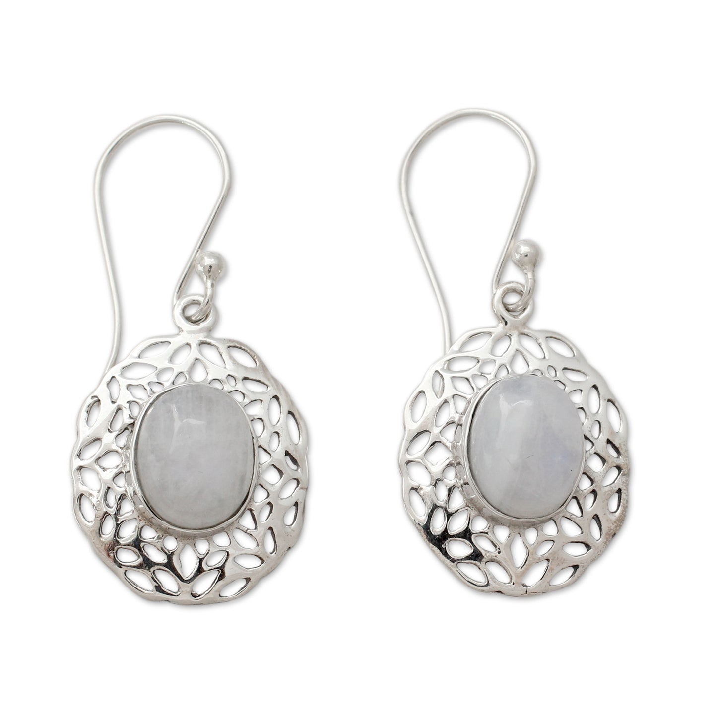 Delhi Dewdrop Handcrafted Rainbow Moonstone Earrings with Silver Halos