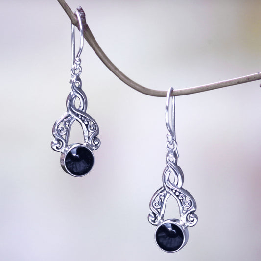 Midnight Embrace Handcrafted Silver and Onyx Dangle Earrings from Bali