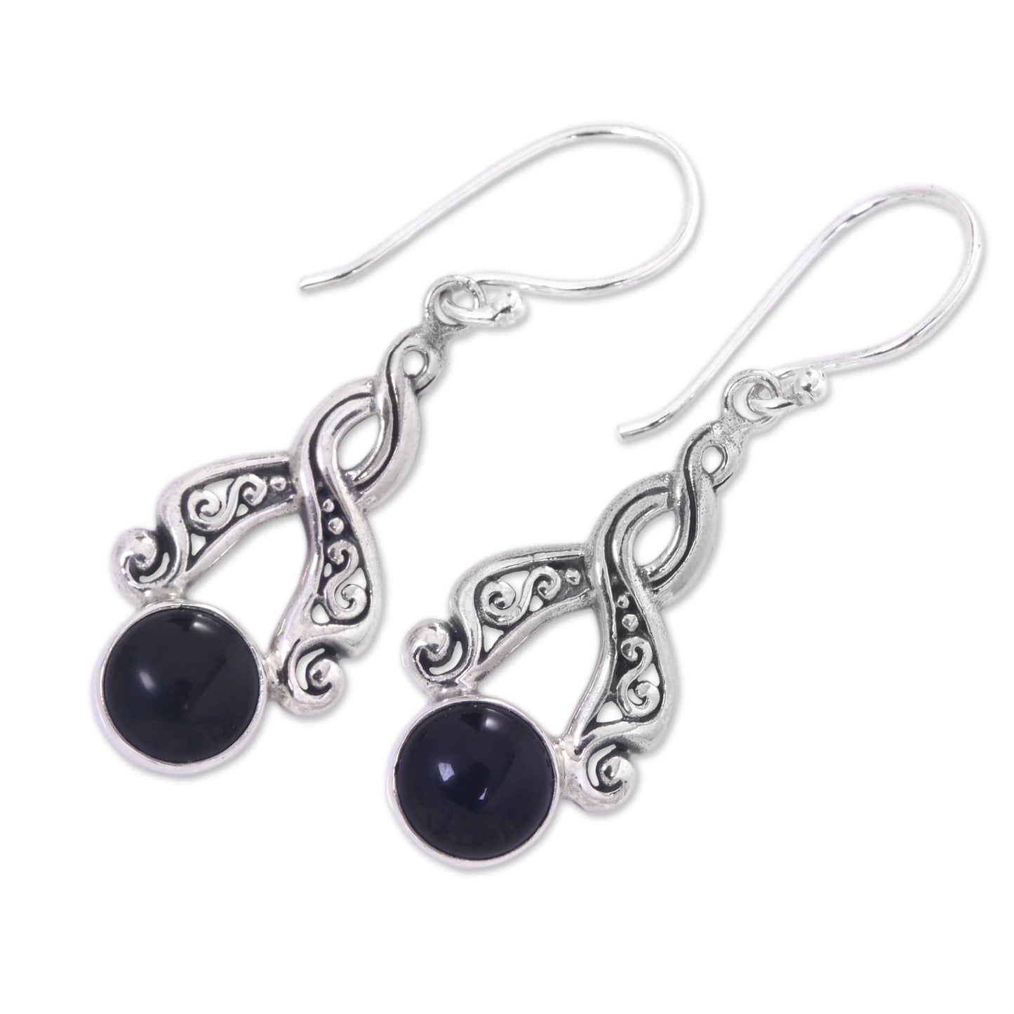 Midnight Embrace Handcrafted Silver and Onyx Dangle Earrings from Bali