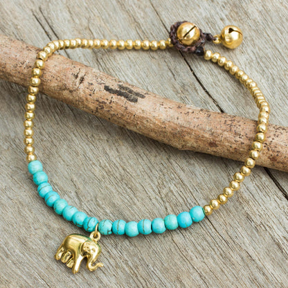 Stylish Elephant Blue Calcite Elephant Charm Beaded Brass Anklet