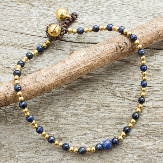 Cheerful Walk Single Strand Brass Bead Anklet with Lapis Lazuli