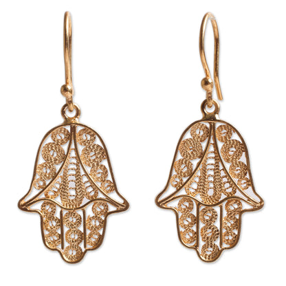 Hamsa Symbol Gold Vermeil Filigree Artisan Crafted Hamsa Symbol Earrings