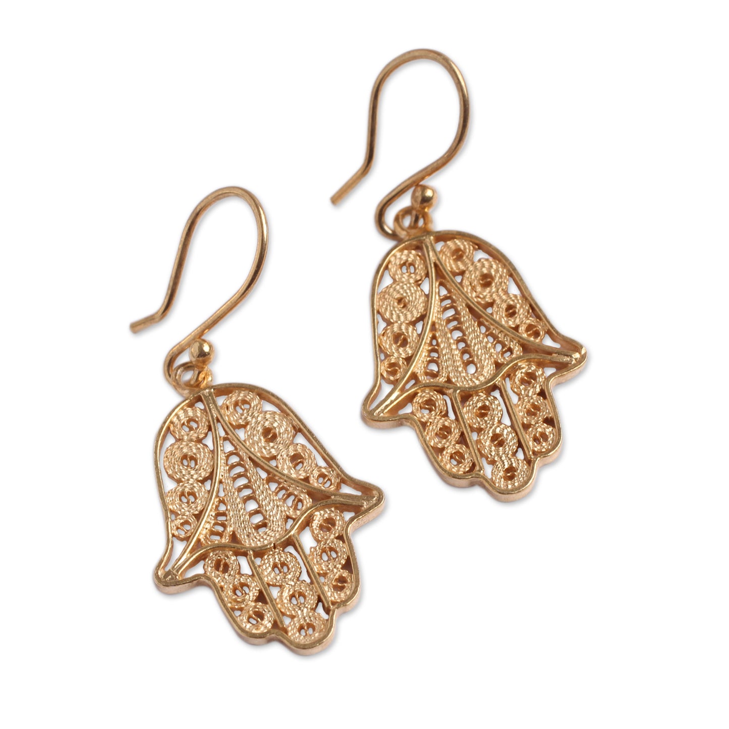 Hamsa Symbol Gold Vermeil Filigree Artisan Crafted Hamsa Symbol Earrings