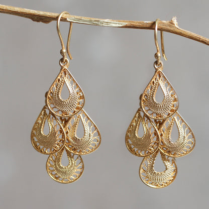 Raindrop Cascade Gold Vermeil Handcrafted Filigree Chandelier Earrings