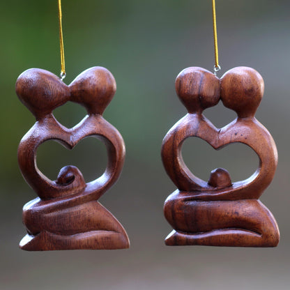 Forever Together Two Heart Ornaments of Couple Kissing Hand Carved of Wood