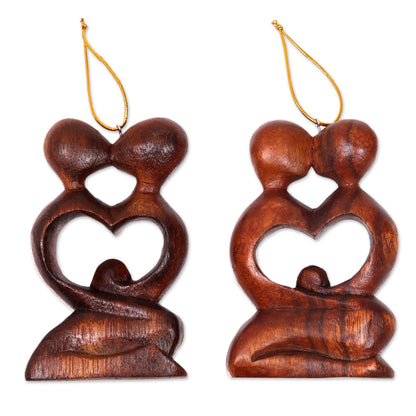 Forever Together Two Heart Ornaments of Couple Kissing Hand Carved of Wood