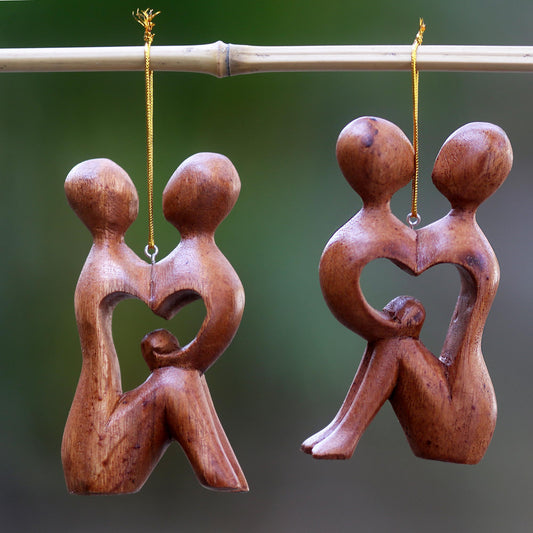 Look Into My Eyes 2 Heart Shaped Romantic Ornaments Hand Carved Wood Sculpture