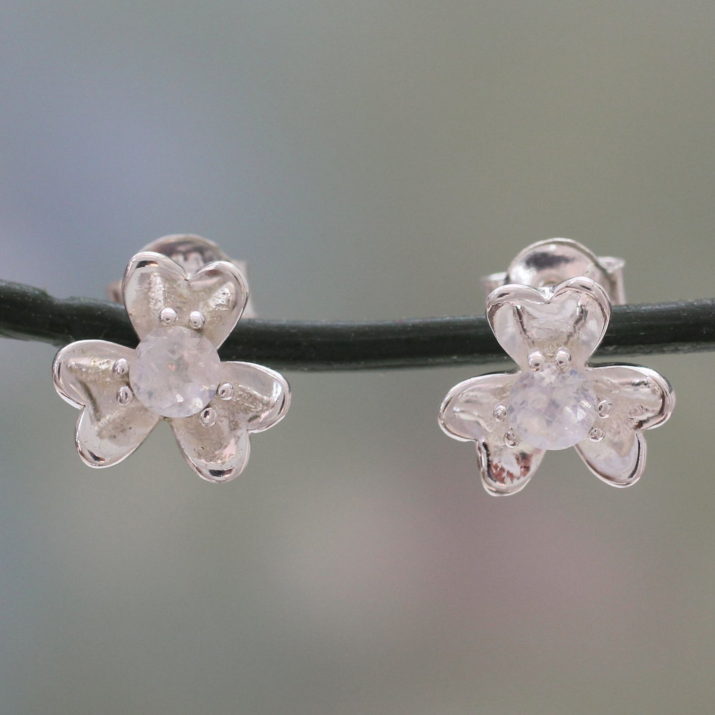 Cradle Lily Sterling Silver and Rainbow Moonstone Floral Button Earrings