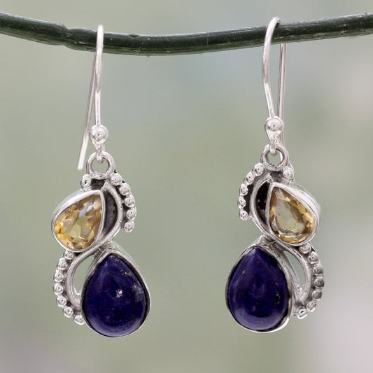 Two Teardrops Lapis Lazuli Citrine & Silver Earrings