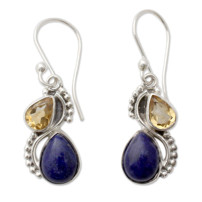 Two Teardrops Lapis Lazuli Citrine & Silver Earrings