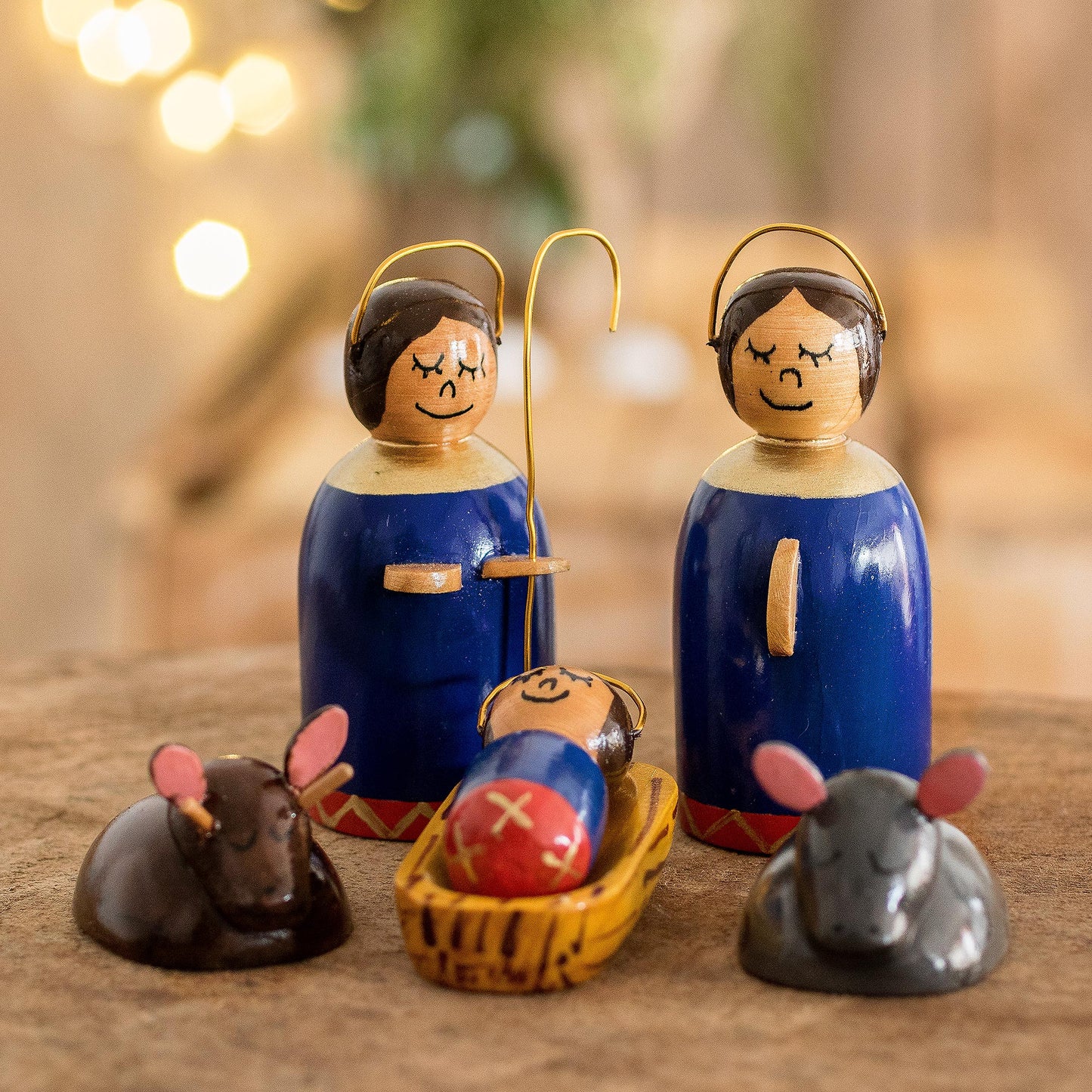 Holy Family in Royal Blue 6 Piece Artisan Crafted Wood Nativity Scene in Royal Blue