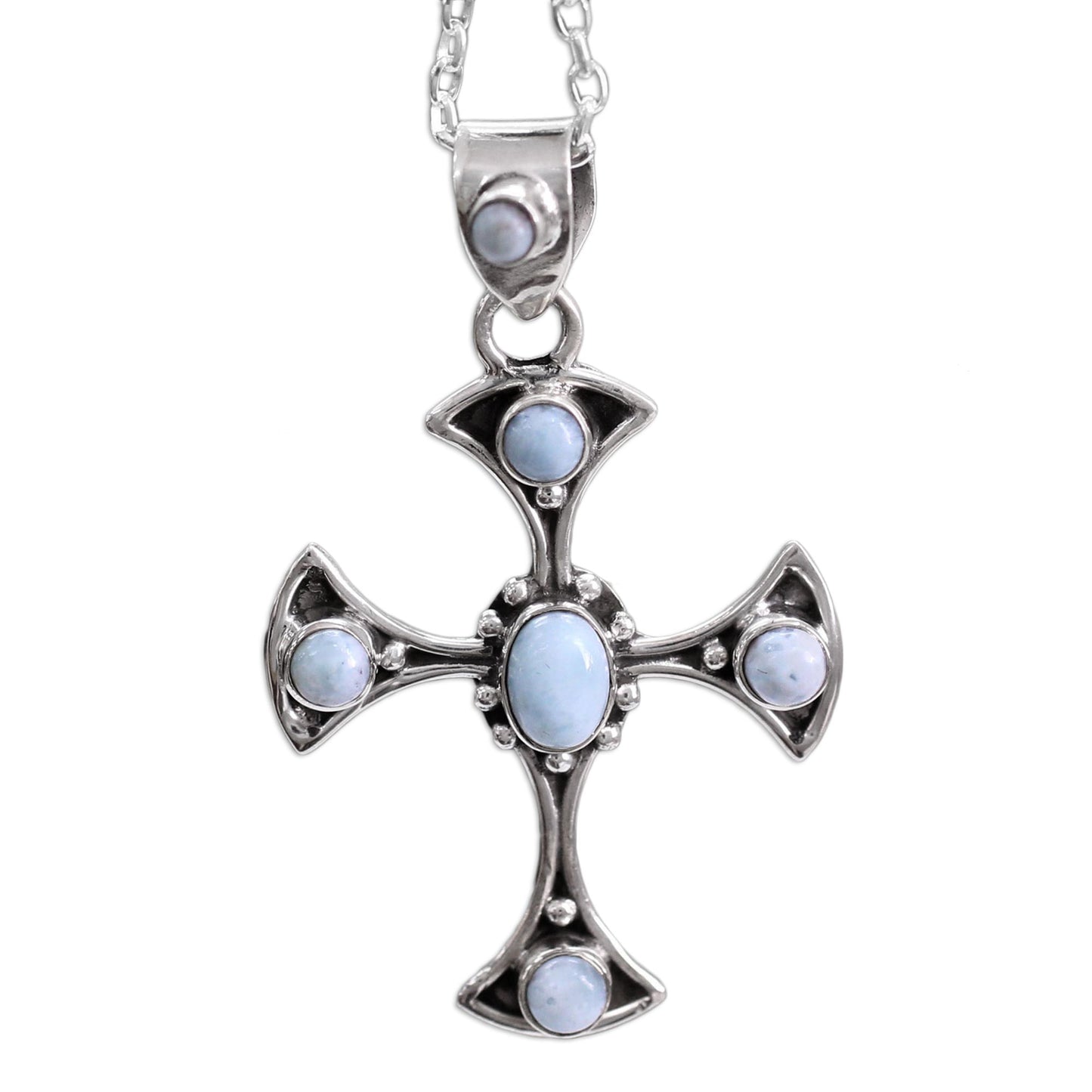 Sacred Memory Larimar and Sterling Silver Cross Pendant Necklace