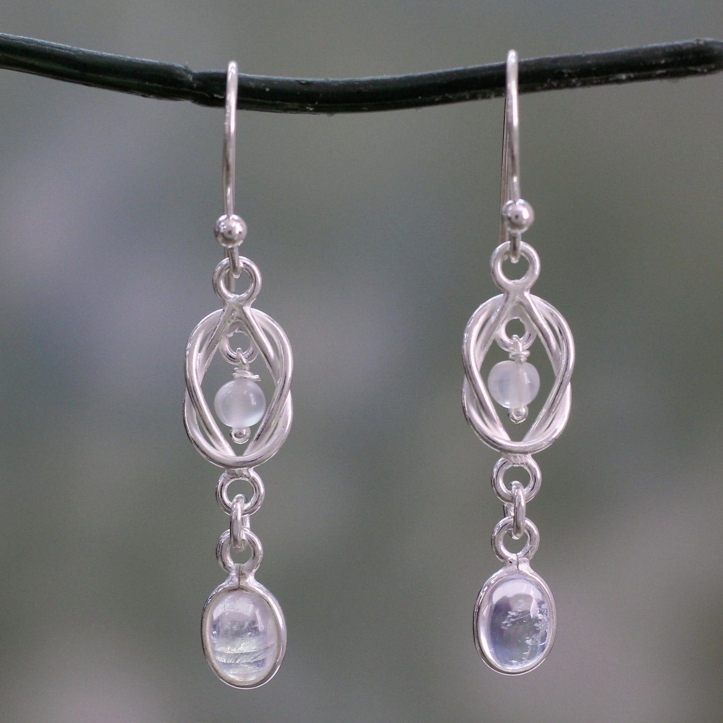 Moonlight Knot Artisan Crafted Rainbow Moonstone and Silver Earrings