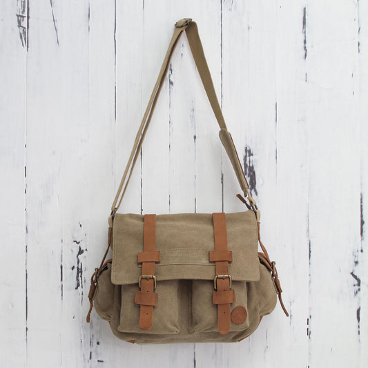 Journey to Puno Tan and Brown Leather Accent Roomy Canvas Messenger Bag