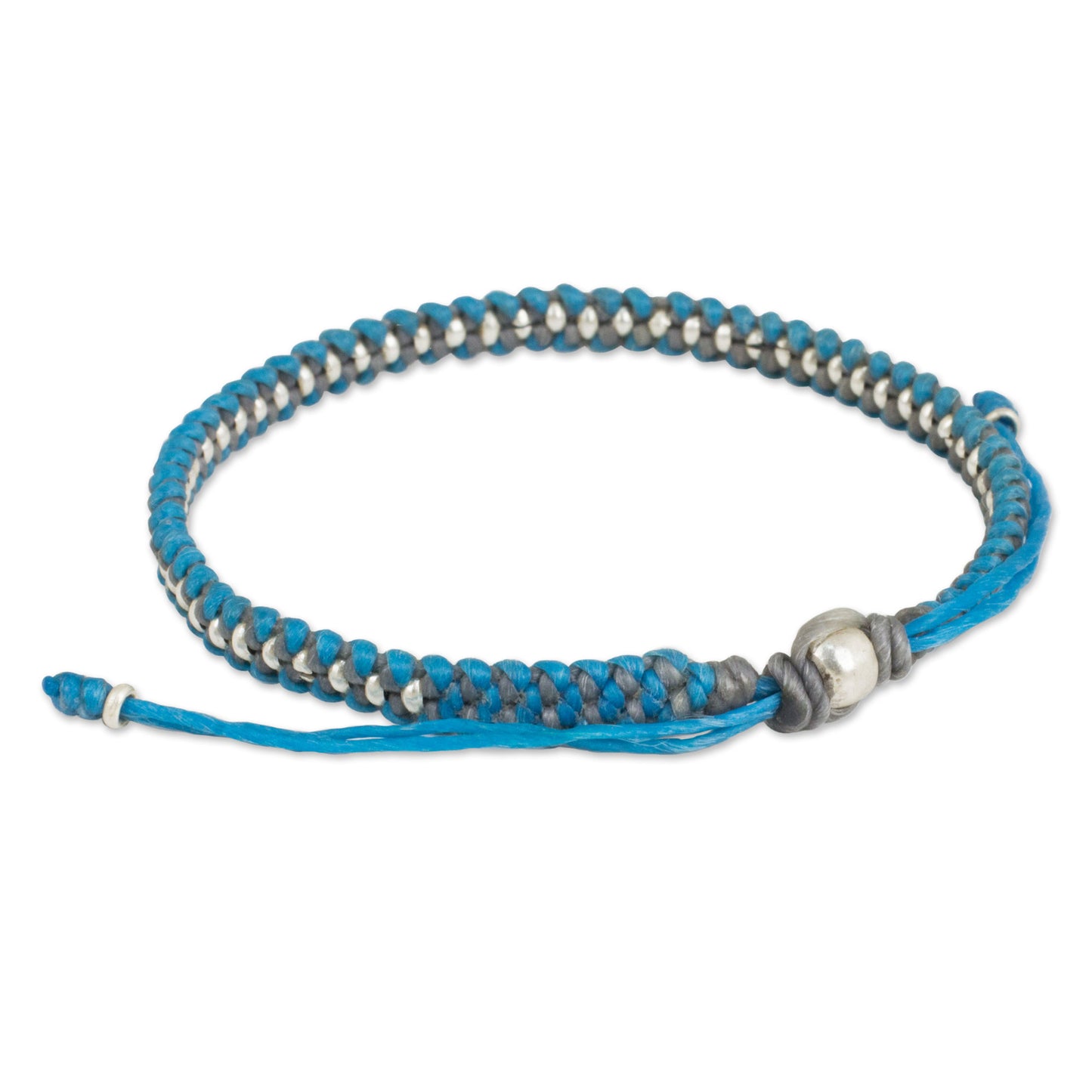 Blue Grey Progression Hand Knotted Macrame Bracelet with Hill Tribe Silver Beads