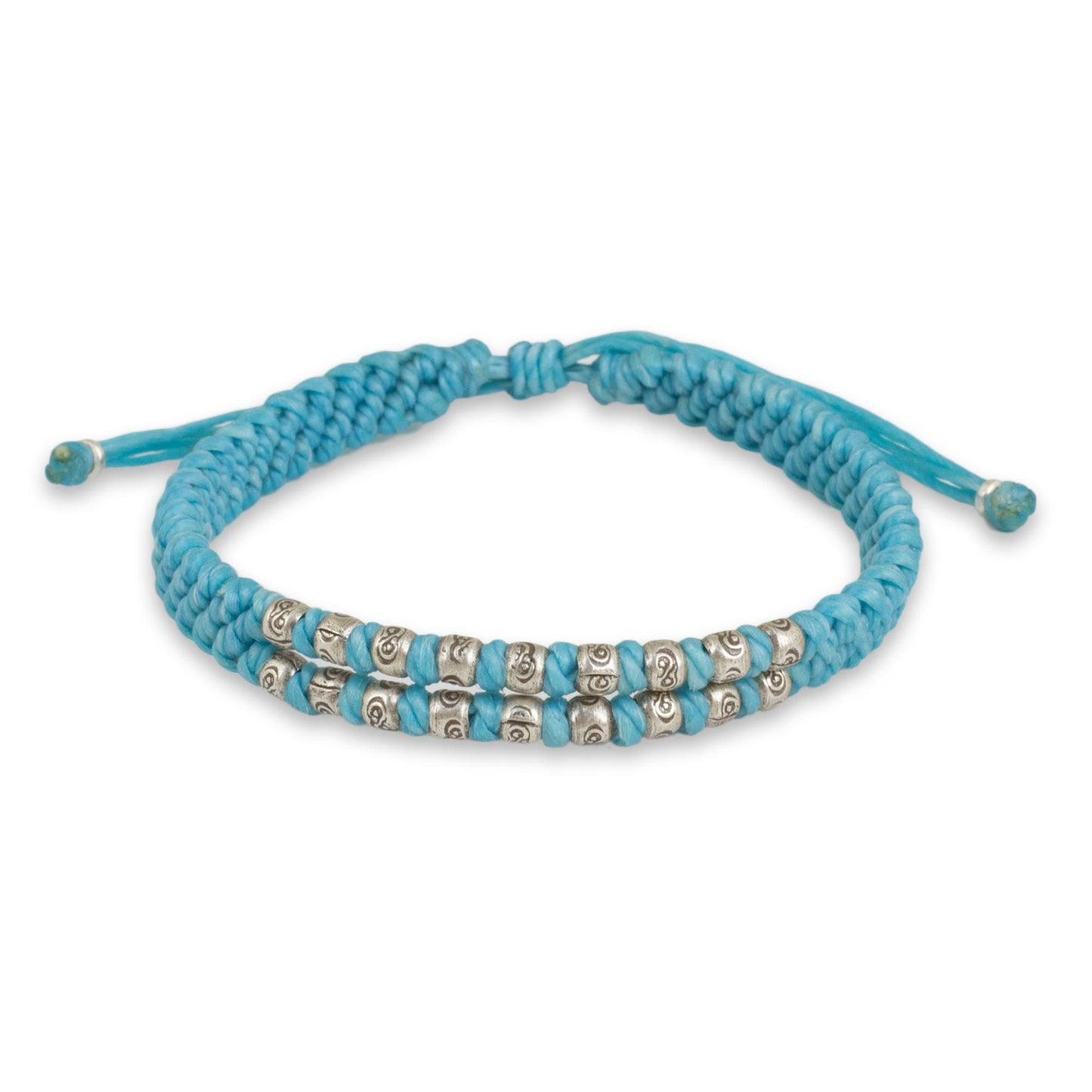 Blue Infinity Twins Thai Hand Knotted Wristband Bracelet with Silver 950 Beads