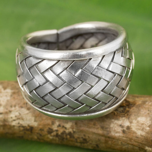 Weaving Fantasies Modern Silver Band Ring with Woven Textures Crafted by Hand