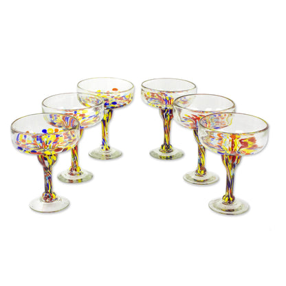 Confetti Festival Set of 6 Multicolor Hand Blown Glass Margarita Glasses